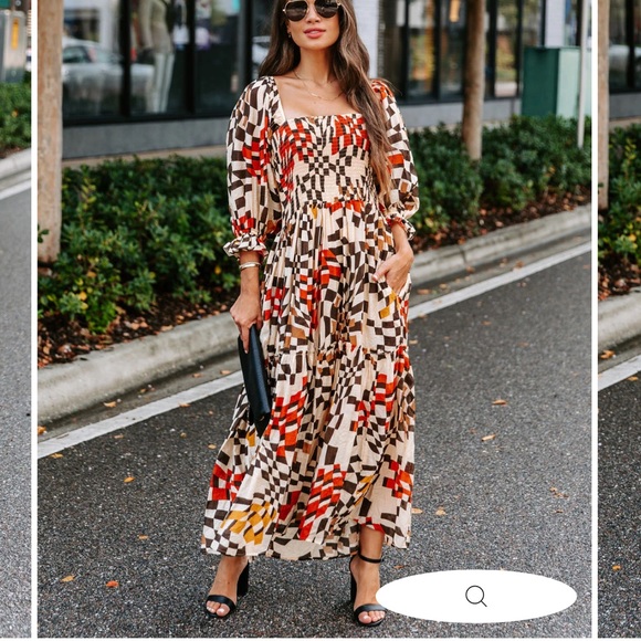 Fate Printed Pocketed Smocked Midi Dress Brown Multi Puffy Sleeves Square Neck M - Picture 6 of 16